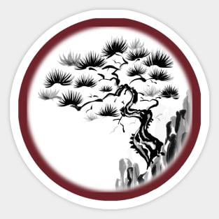 Sumi-E Pine Tree on Cliff (White BG) Sticker